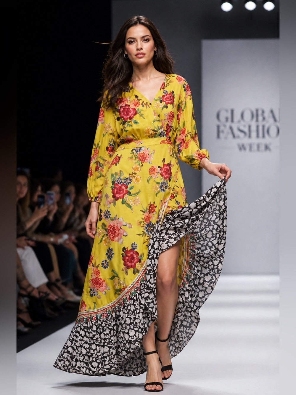 FARM Rio Yellow Floral Wrap Maxi Dress with Black Floral Contrast Hem❤️💛🖤